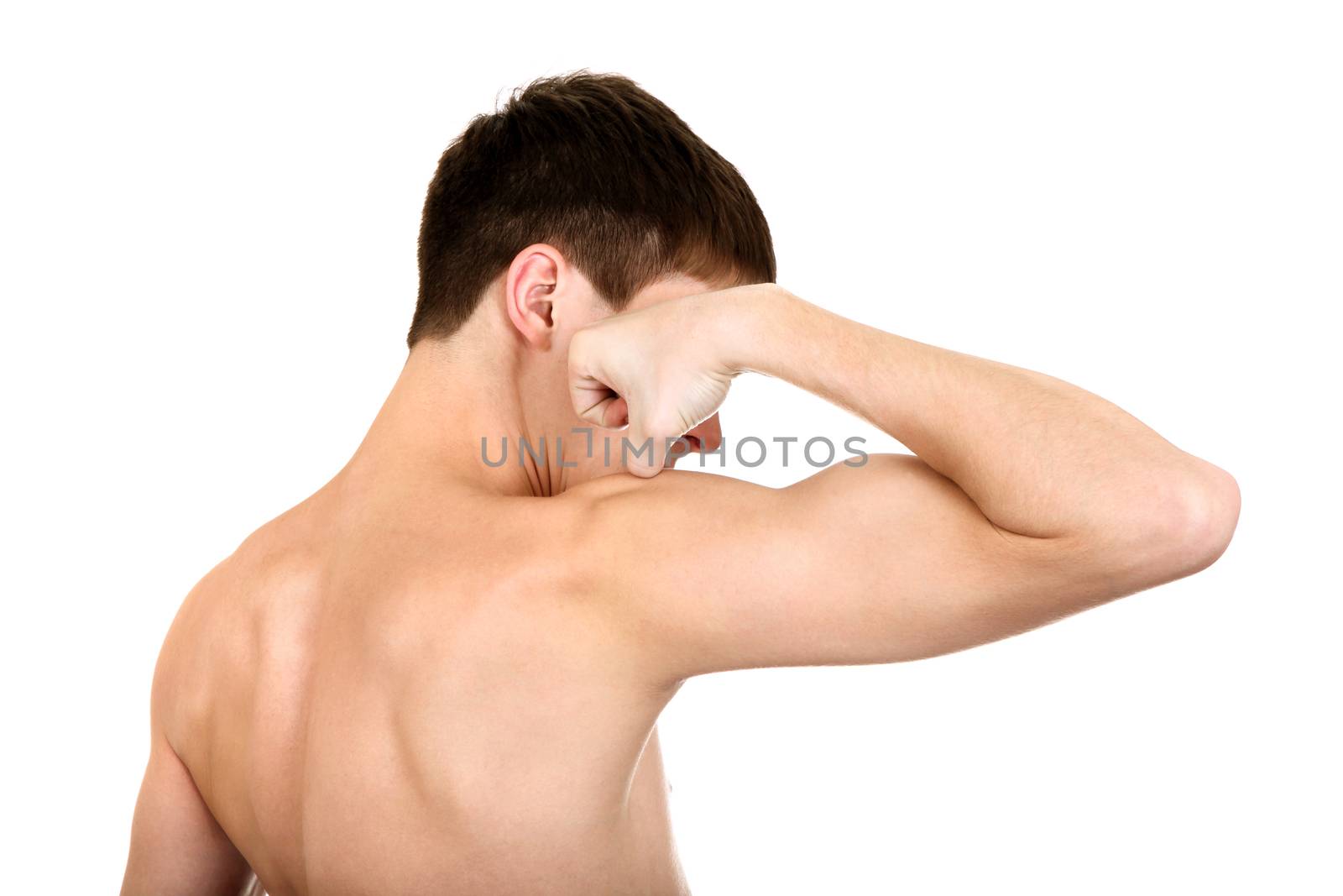 Young Man Muscle flexing Isolated on the White Background