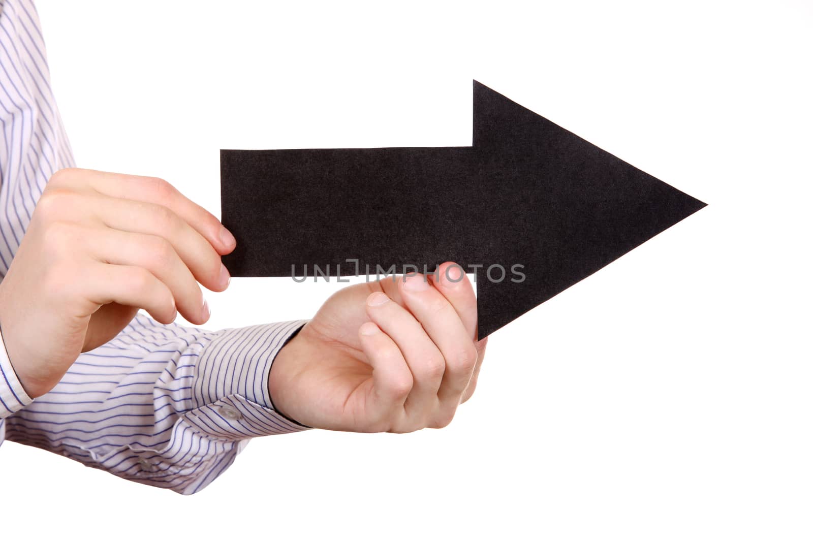 Person hold Black Arrow shape Isolated on the White Background