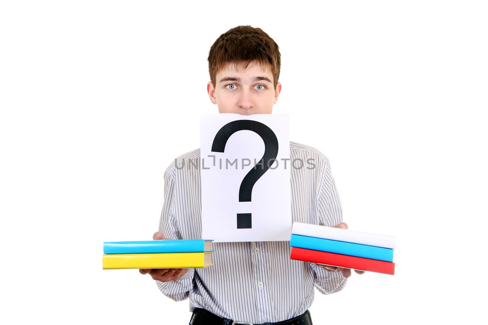 Serious Student with the Books and Question Mark Isolated on the White Background