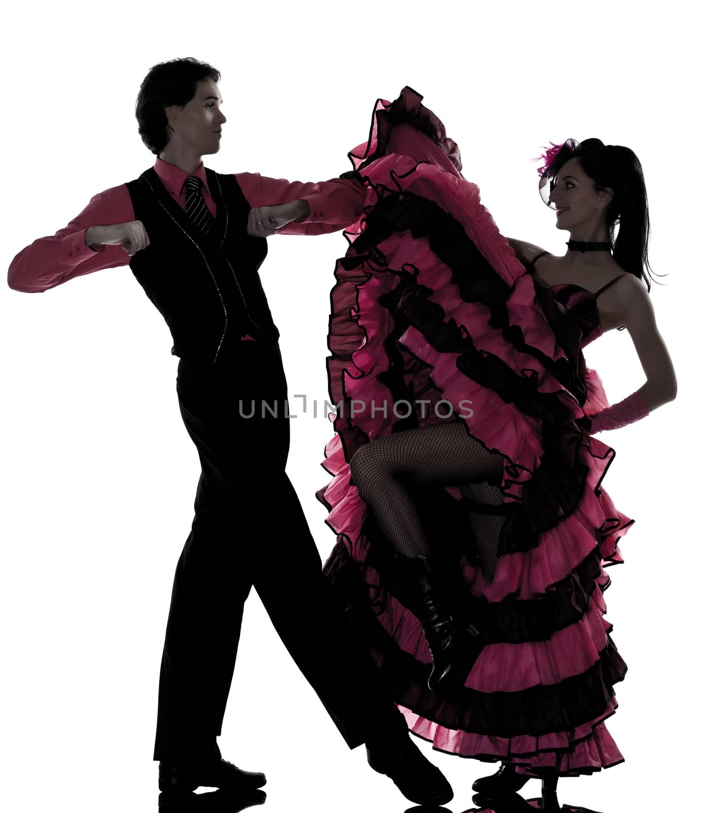 couple man woman dancer dancing french cancan in studio isolated on white background