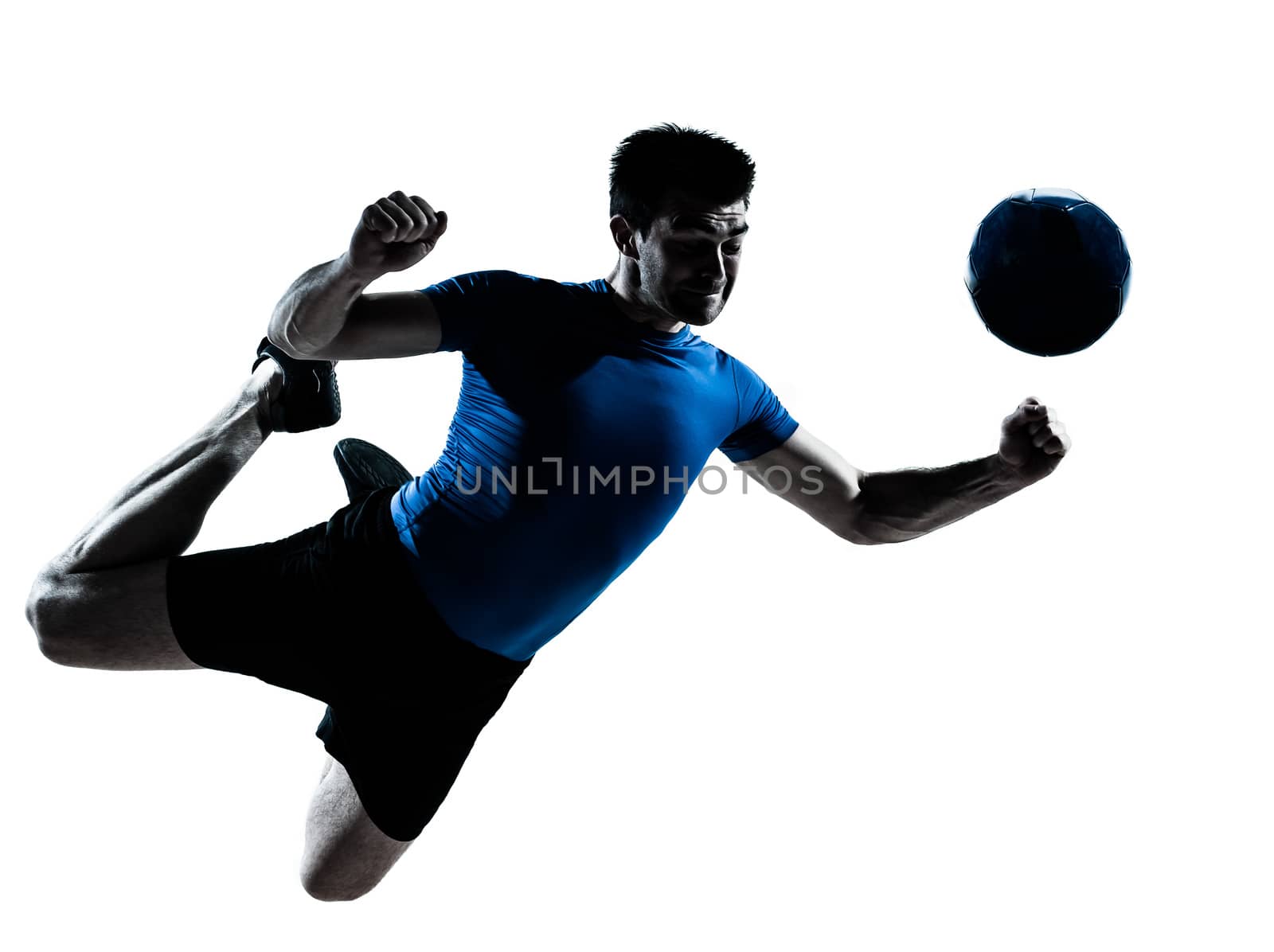 one  man heading playing soccer football player silhouette in studio isolated on white background