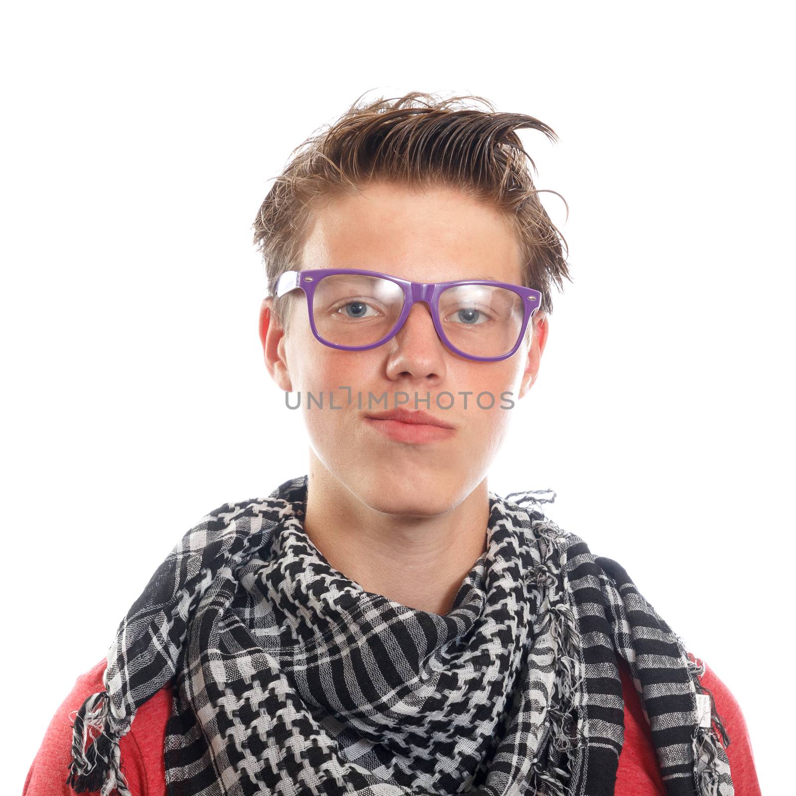 A hipster teen boy with a scarf and glasses