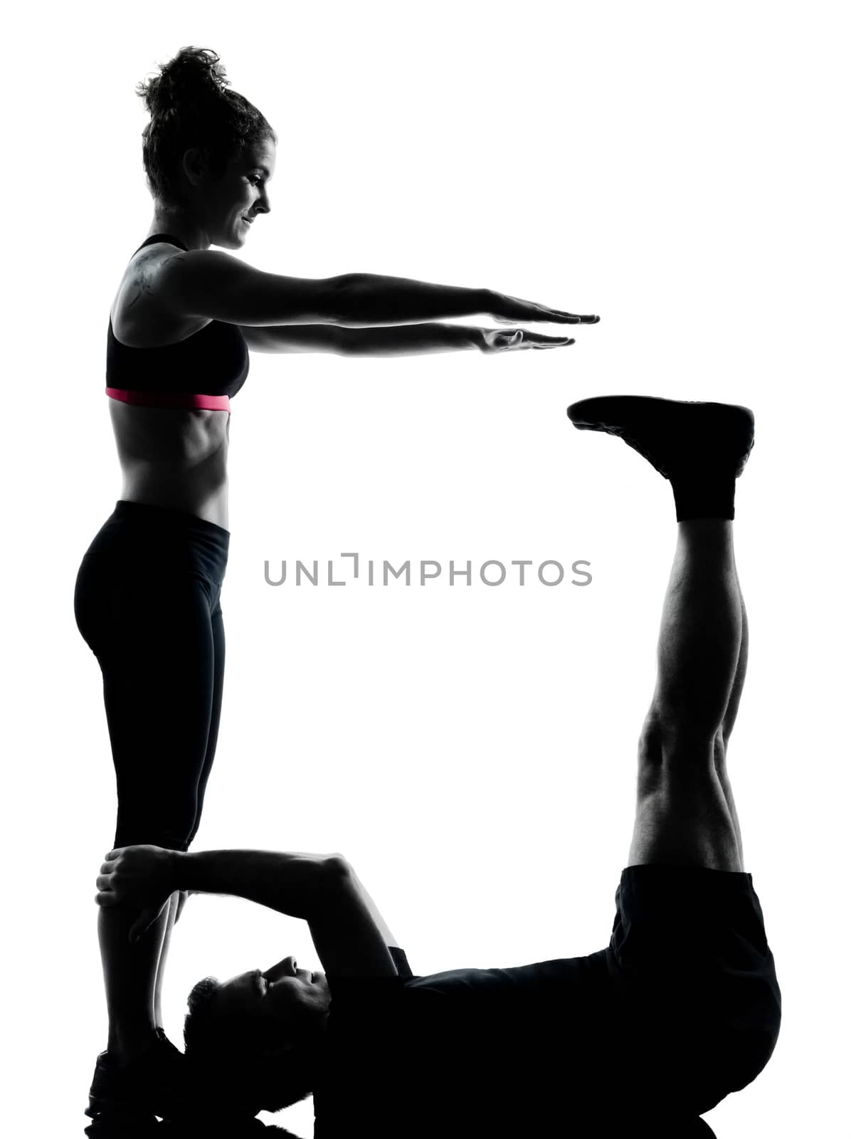 one couple man woman exercising workout fitness silhouette by PIXSTILL