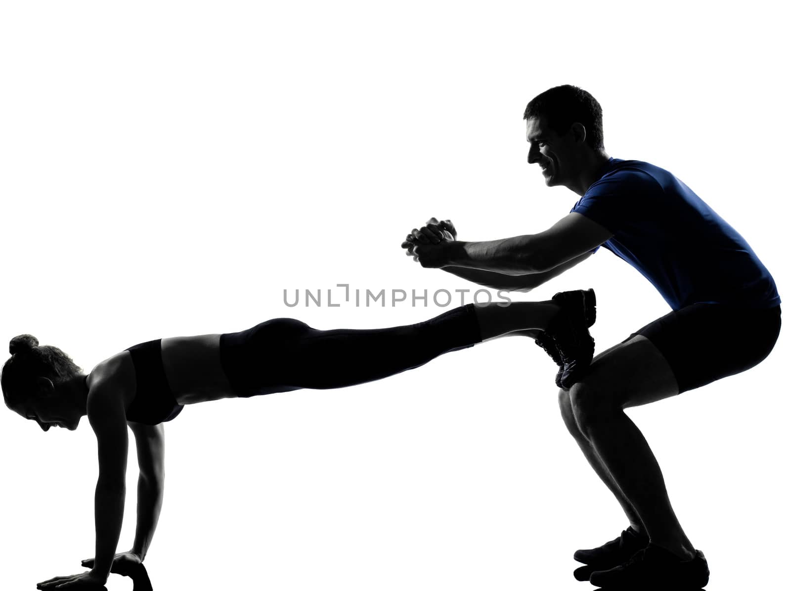 couple woman man exercising workout fitness aerobics posture in silhouette studio isolated on white background