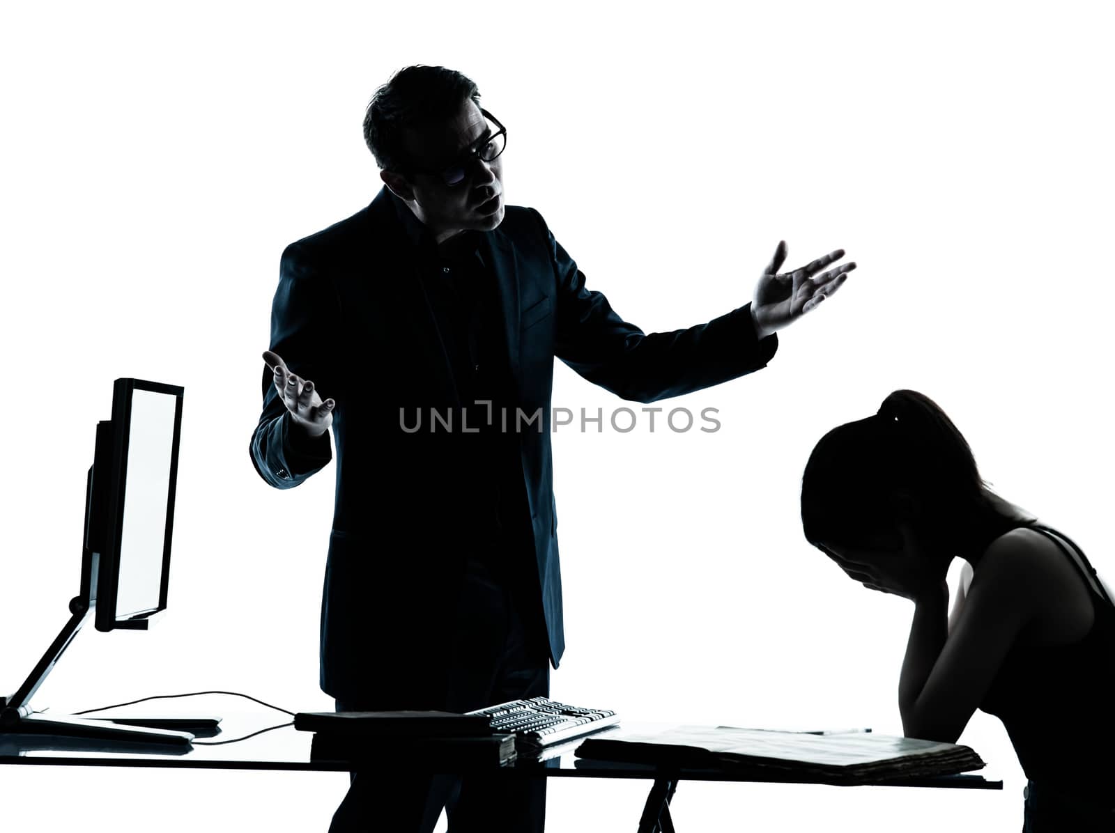 one man father professor and student teenager girl helping for homework in silhouette indoors isolated on white background