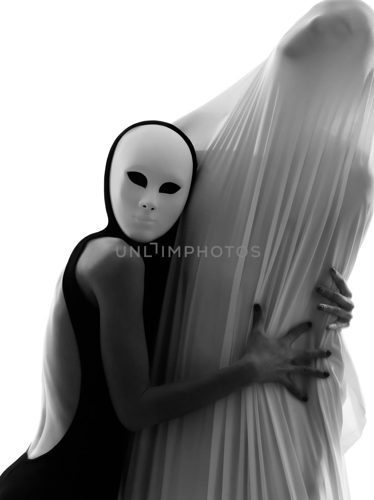 dancer performer mime with mask acting couple lovers conceptual in studio isolated on white background