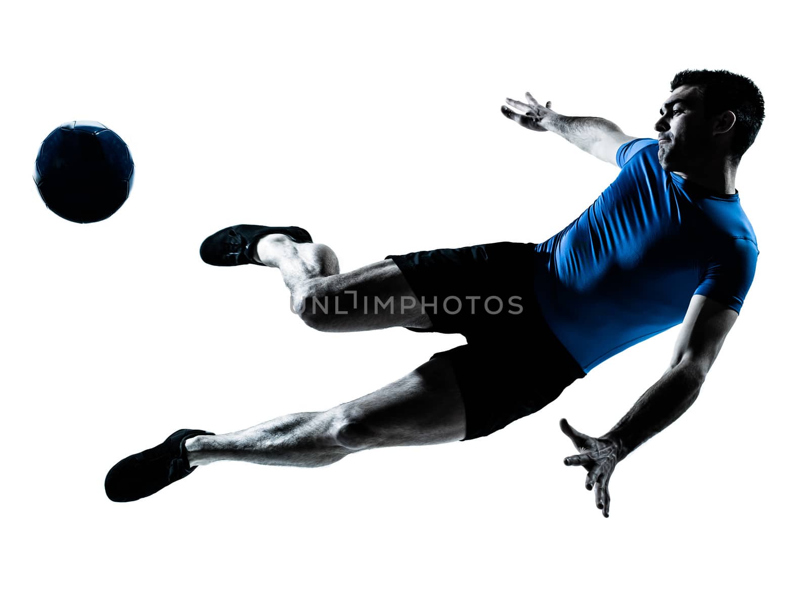 one  man flying kicking playing soccer football player silhouette in studio isolated on white background