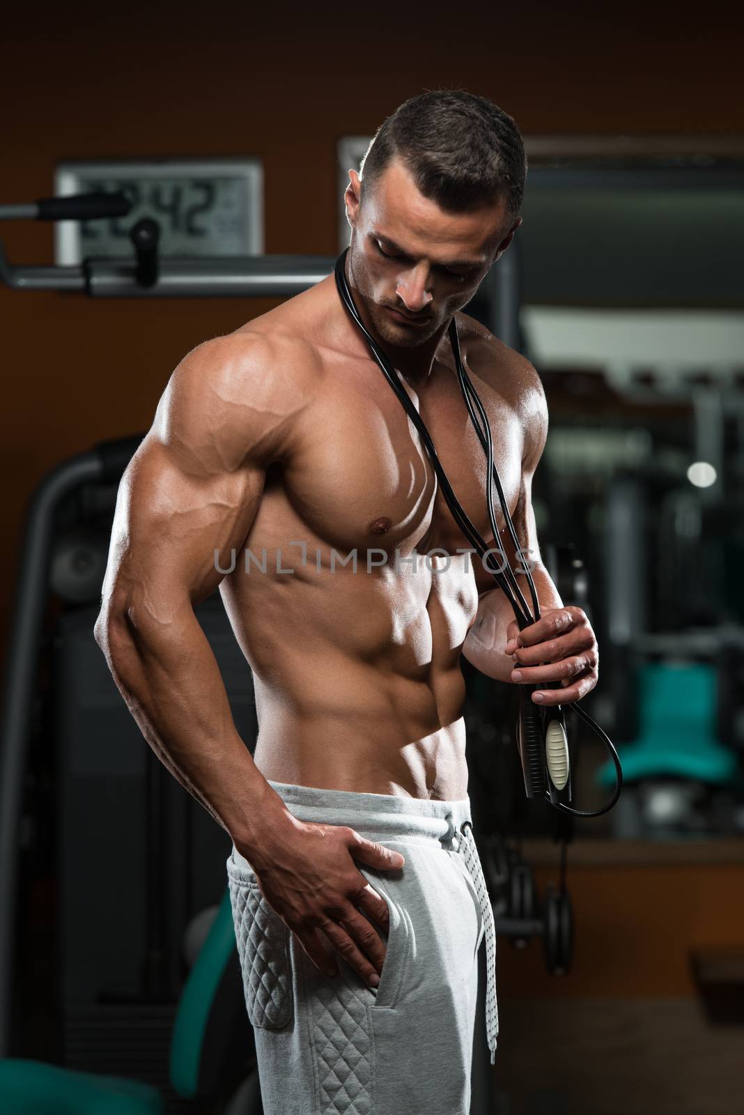 Handsome Muscular Man With Jumping Rope - Cardio Time