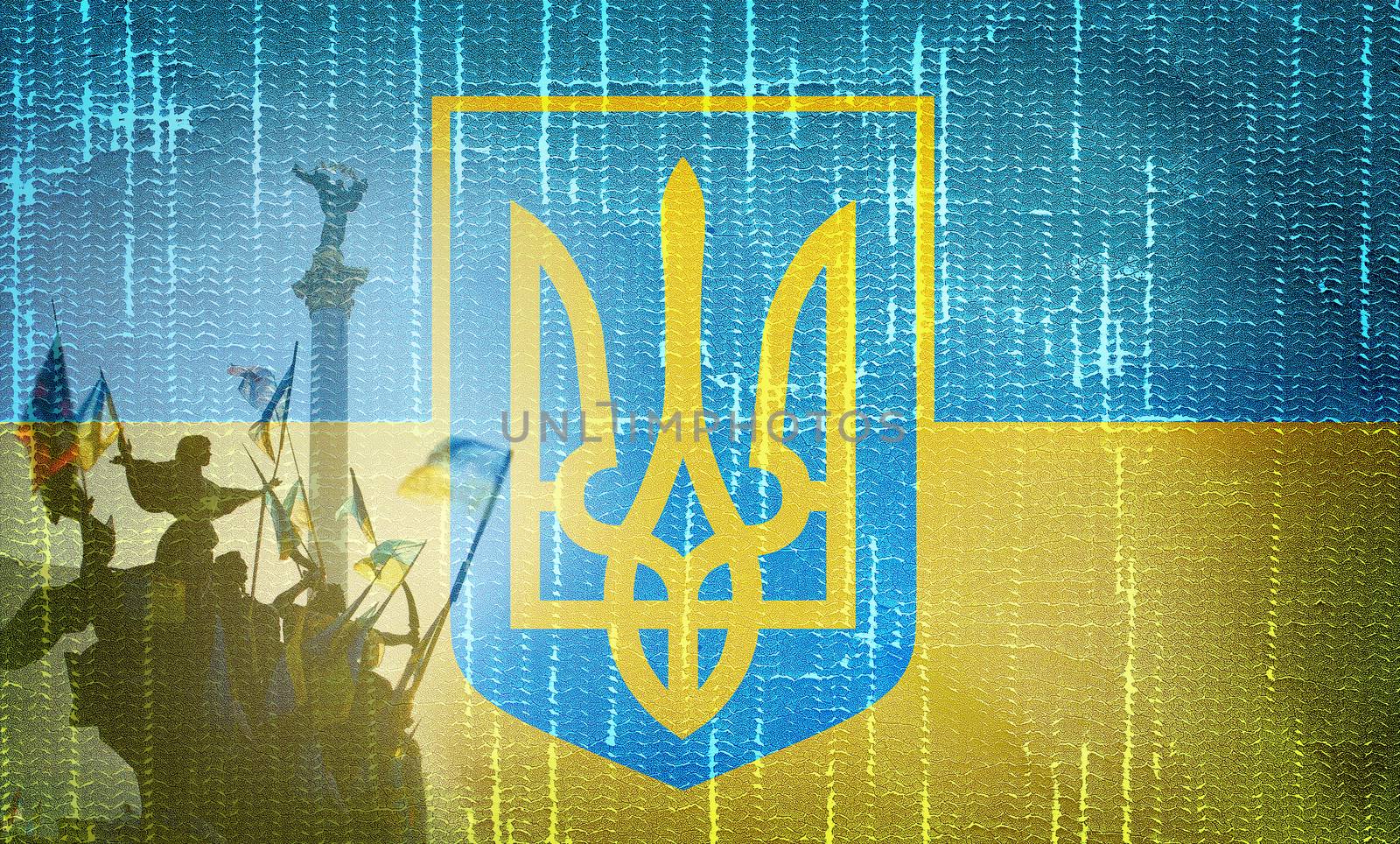 Ukraine Independence Monument on grunge Ukrainian flag background