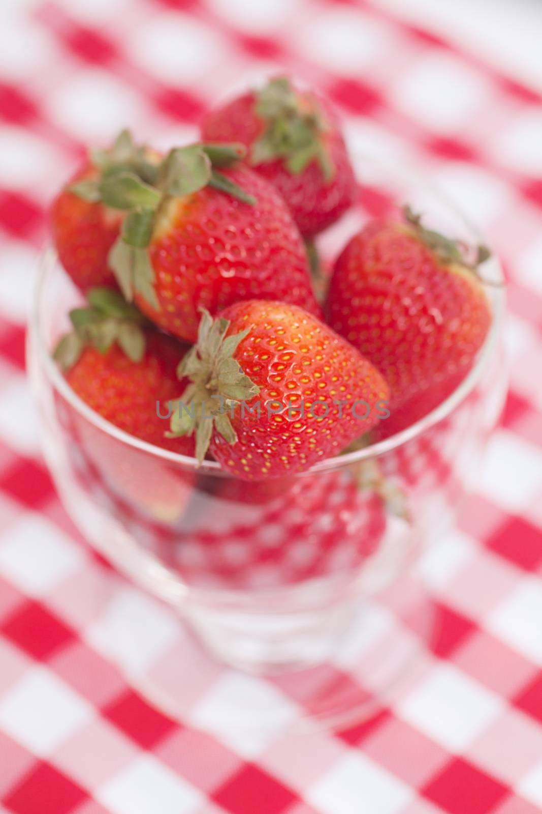 strawberry in a glass bowl on checkered fabric by jannyjus