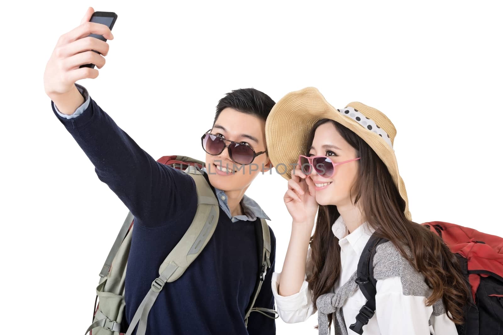Asian young traveling couple selfie, full length portrait isolated on white background.