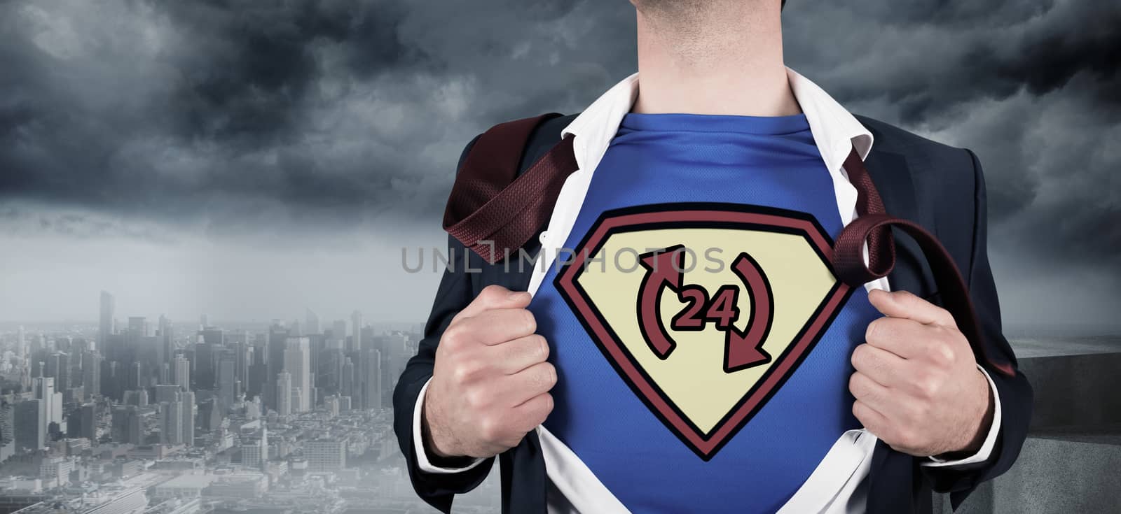 Businessman opening shirt in superhero style against coastline and city