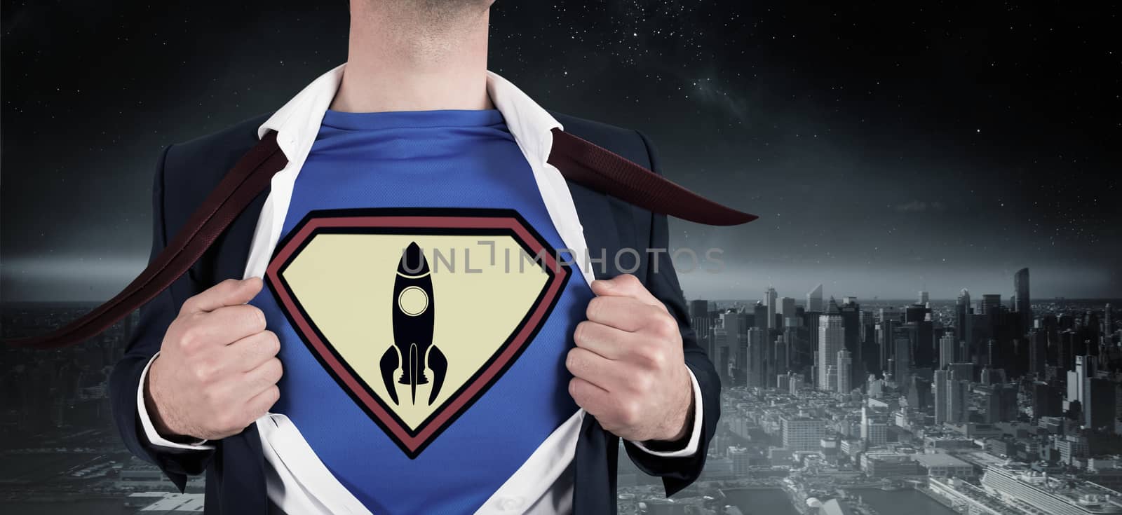 Businessman opening shirt in superhero style against balcony overlooking city