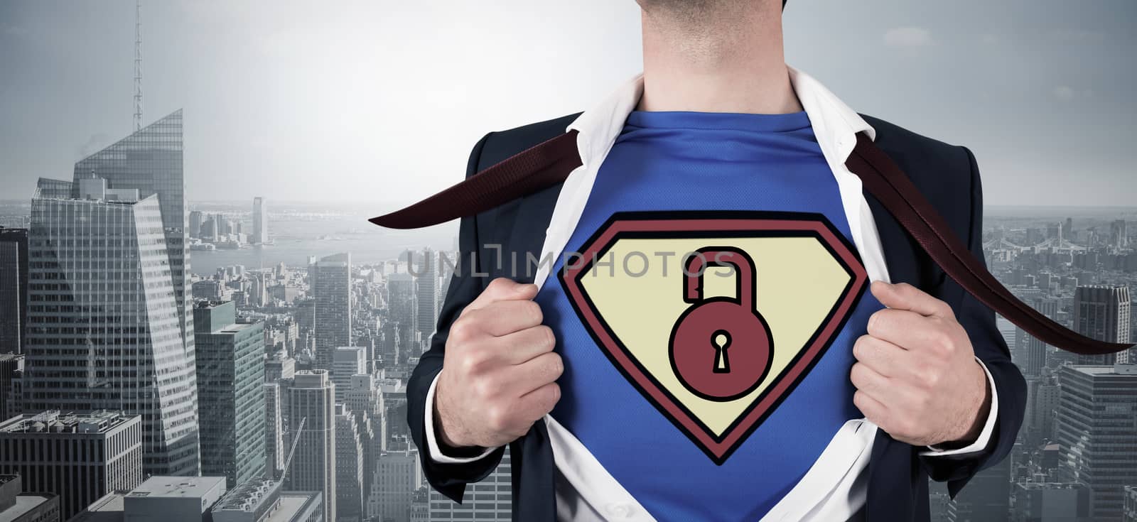 Composite image of businessman opening shirt in superhero style against cityscape