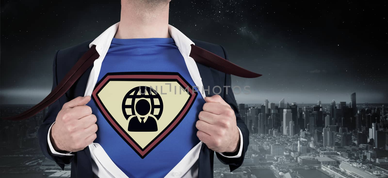 Composite image of businessman opening shirt in superhero style by Wavebreakmedia