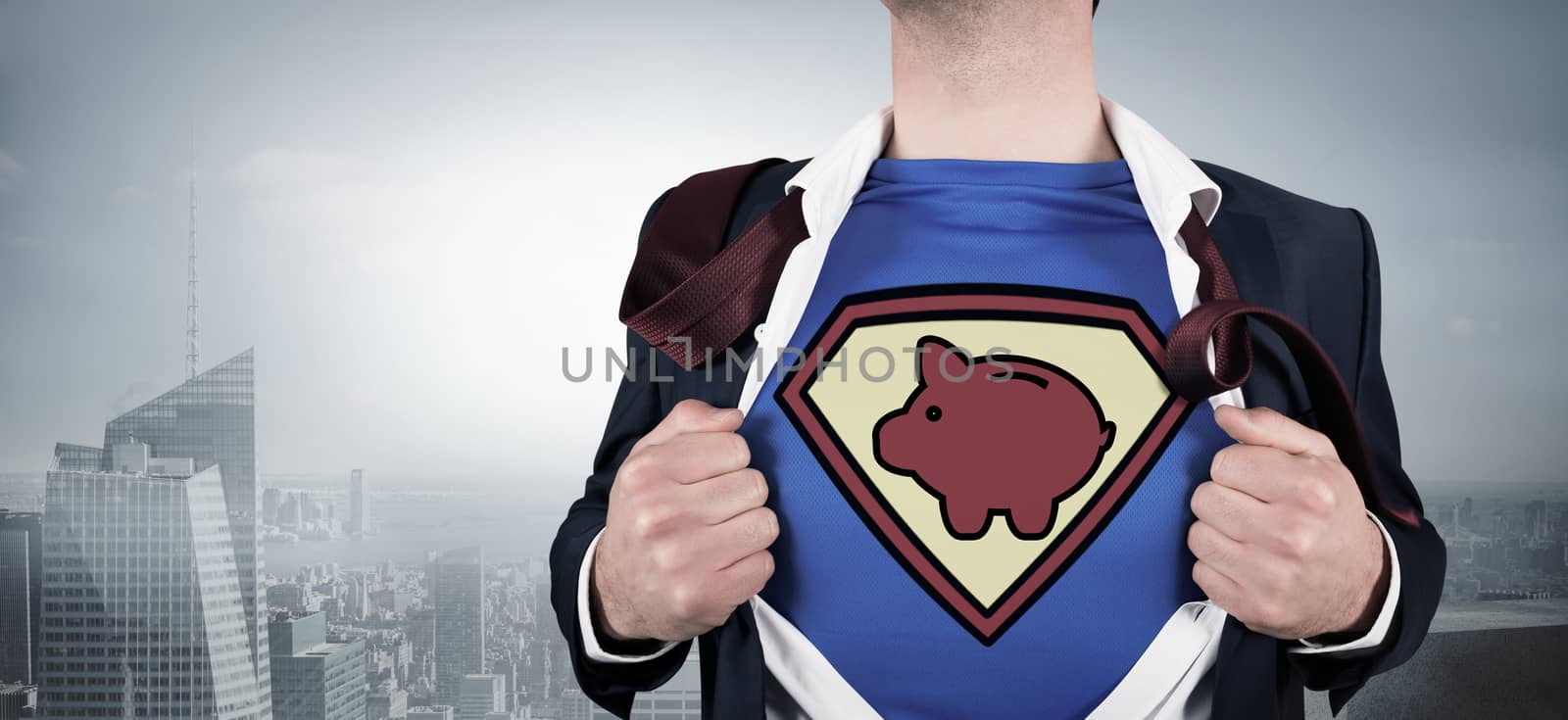 Businessman opening shirt in superhero style against misty cityscape