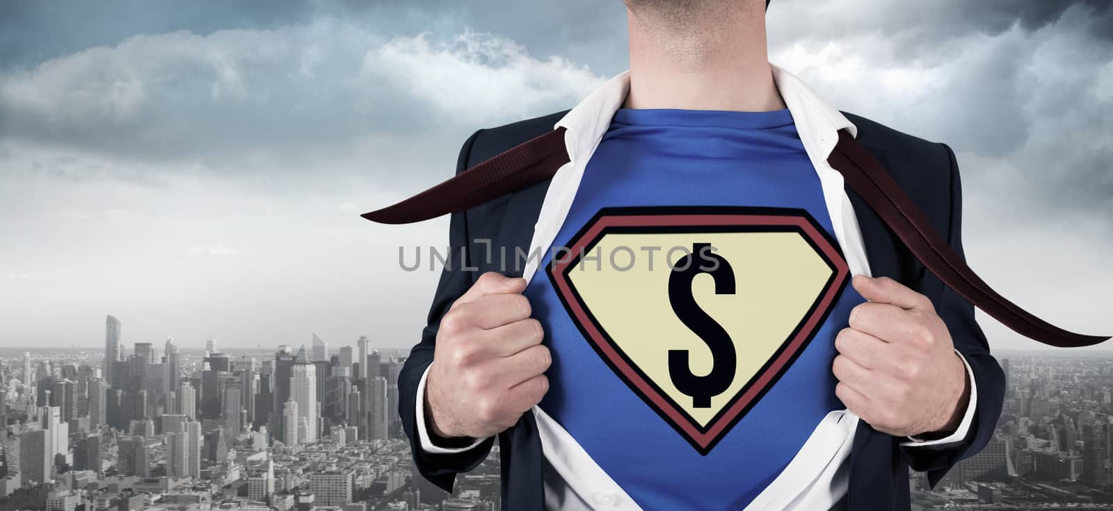 Composite image of businessman opening shirt in superhero style by Wavebreakmedia