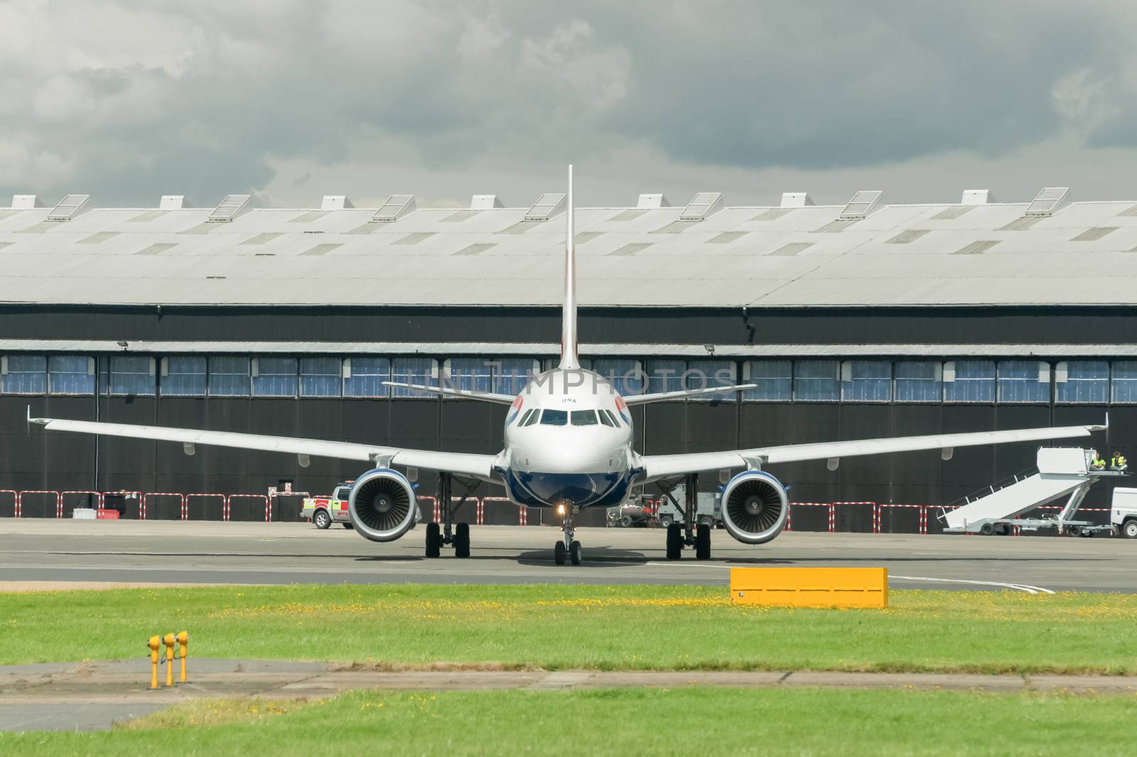 Farnborough, UK - July 15, 2012: British Airways Airbus A318 taxiing before take-off at the Farnborough Airshow, UK