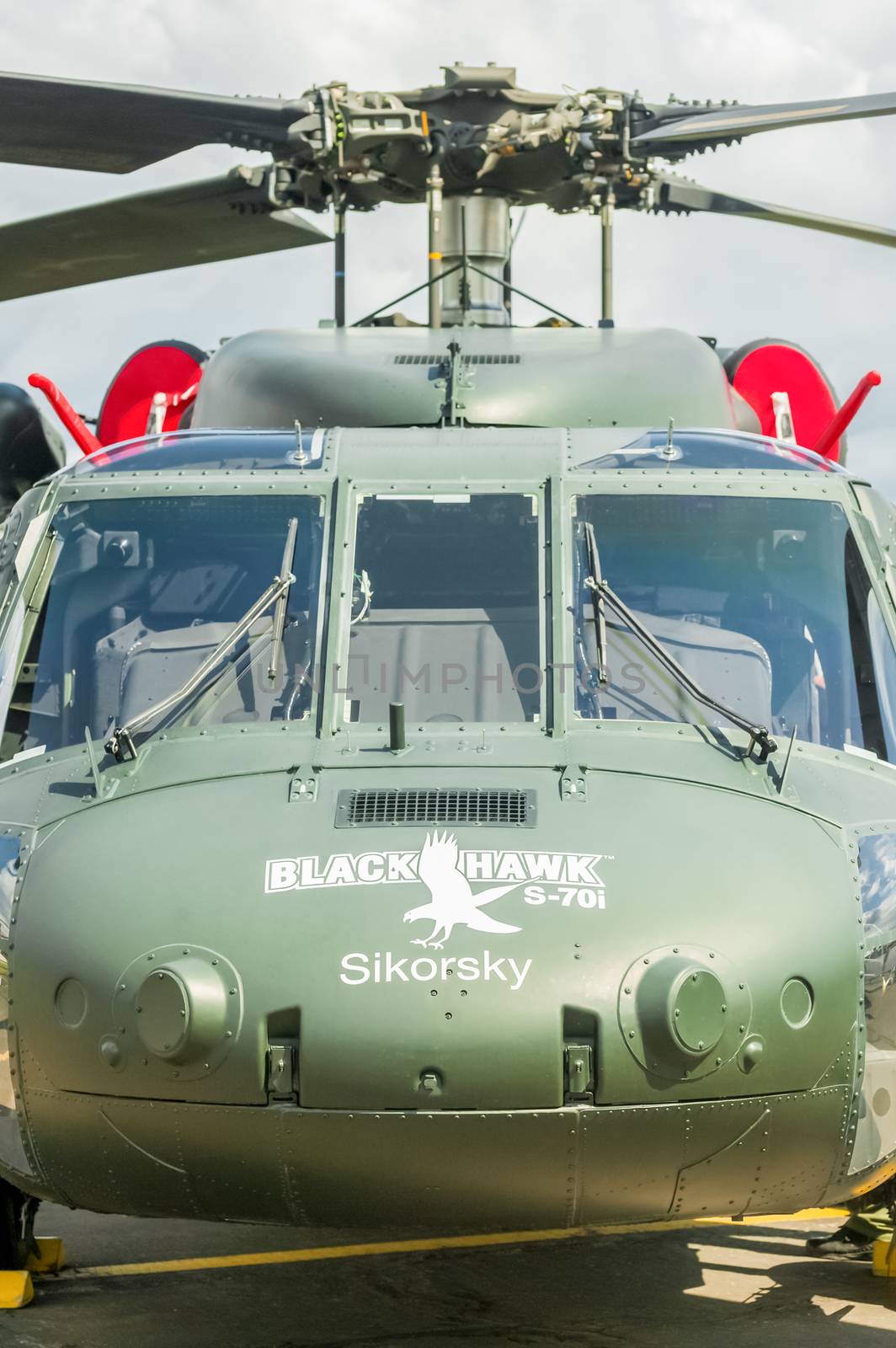 Farnborough, UK - July 15, 2010: Closeup of a Sikorsky Black Hawk military helicopter on static display at the Farnborough Airshow, UK