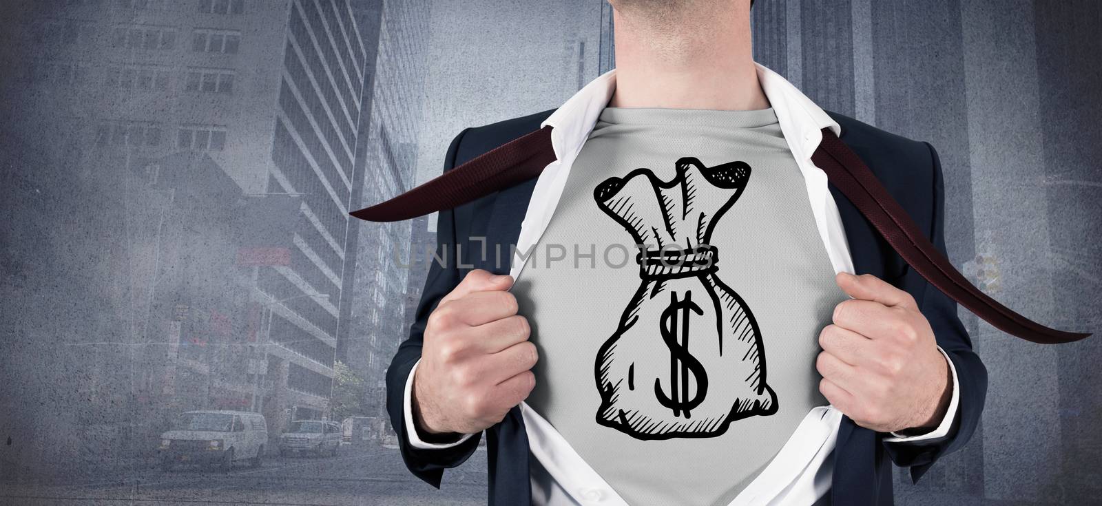 Businessman opening shirt in superhero style against urban projection