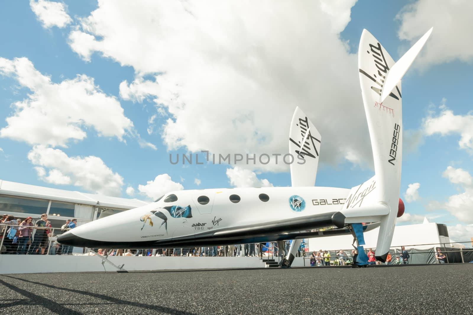 Farnborough, UK - July 15, 2012: The futuristic Virgin Galactic reuseable, sub-orbital spacecraft on static display at the Farnborough Airshow, UK