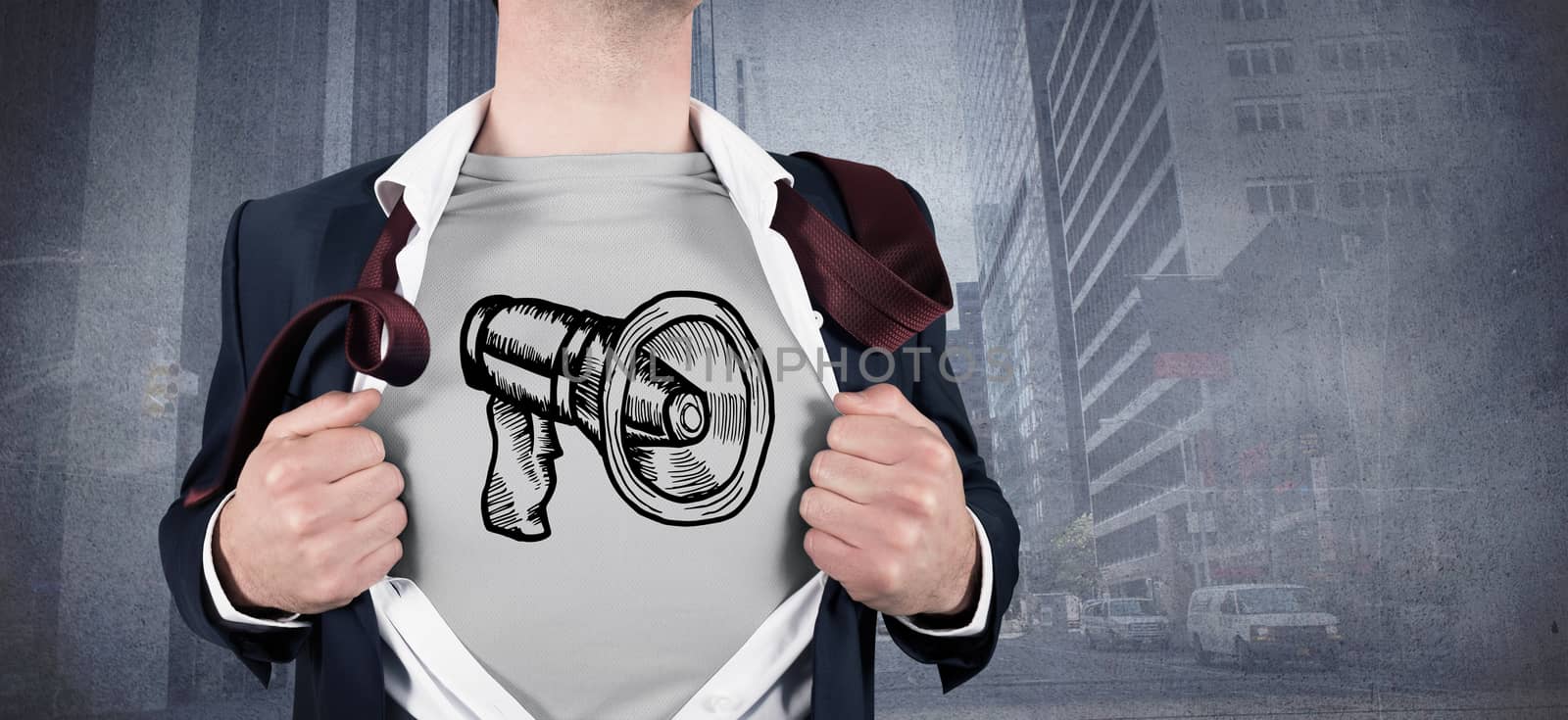 Businessman opening shirt in superhero style against urban projection