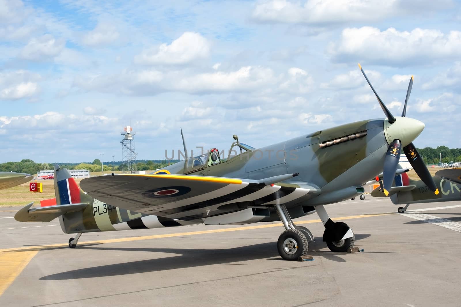 Farnborough, UK - July 24, 2010: A beautifully restored WW2 Supermarine Spitfire on public display at the Farnborough Airshow, UK