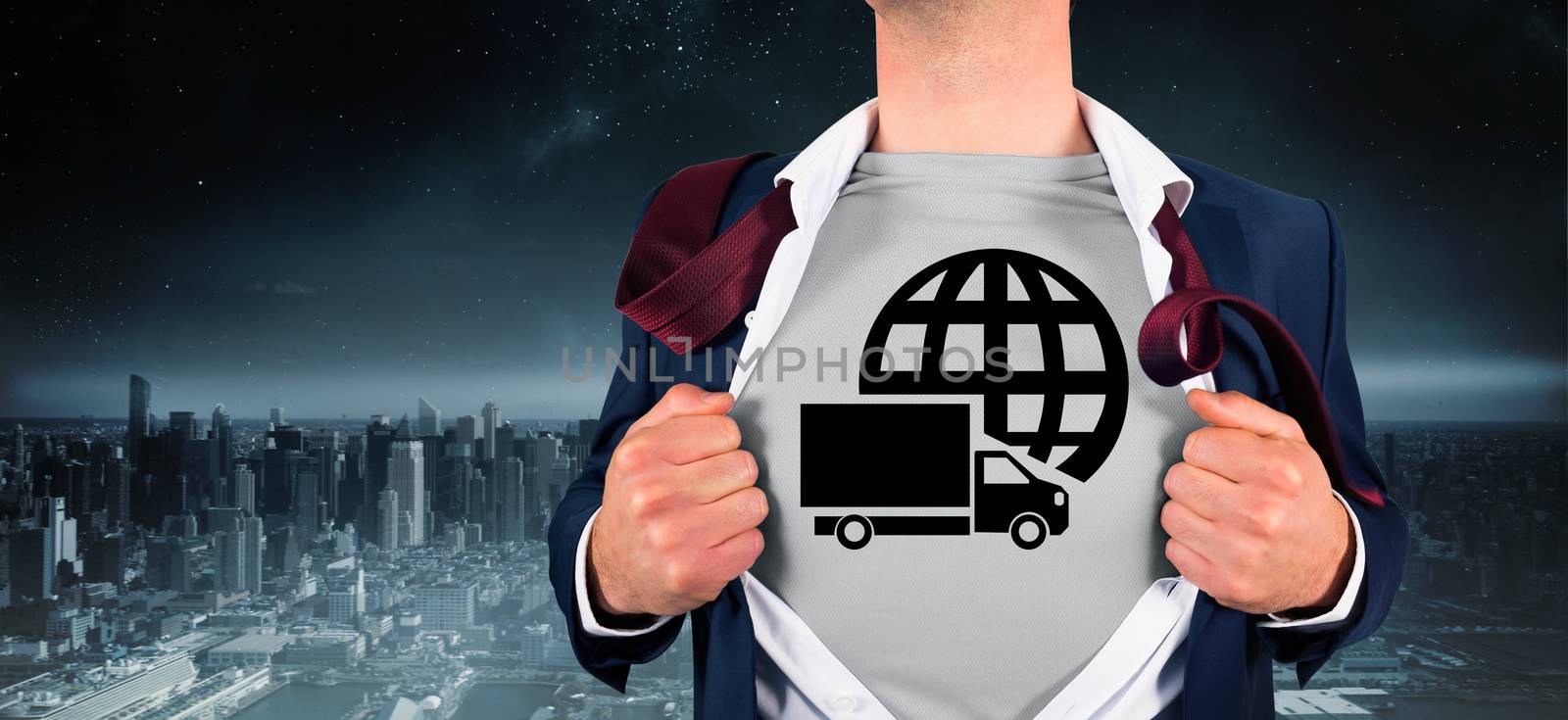 Composite image of businessman opening shirt in superhero style by Wavebreakmedia