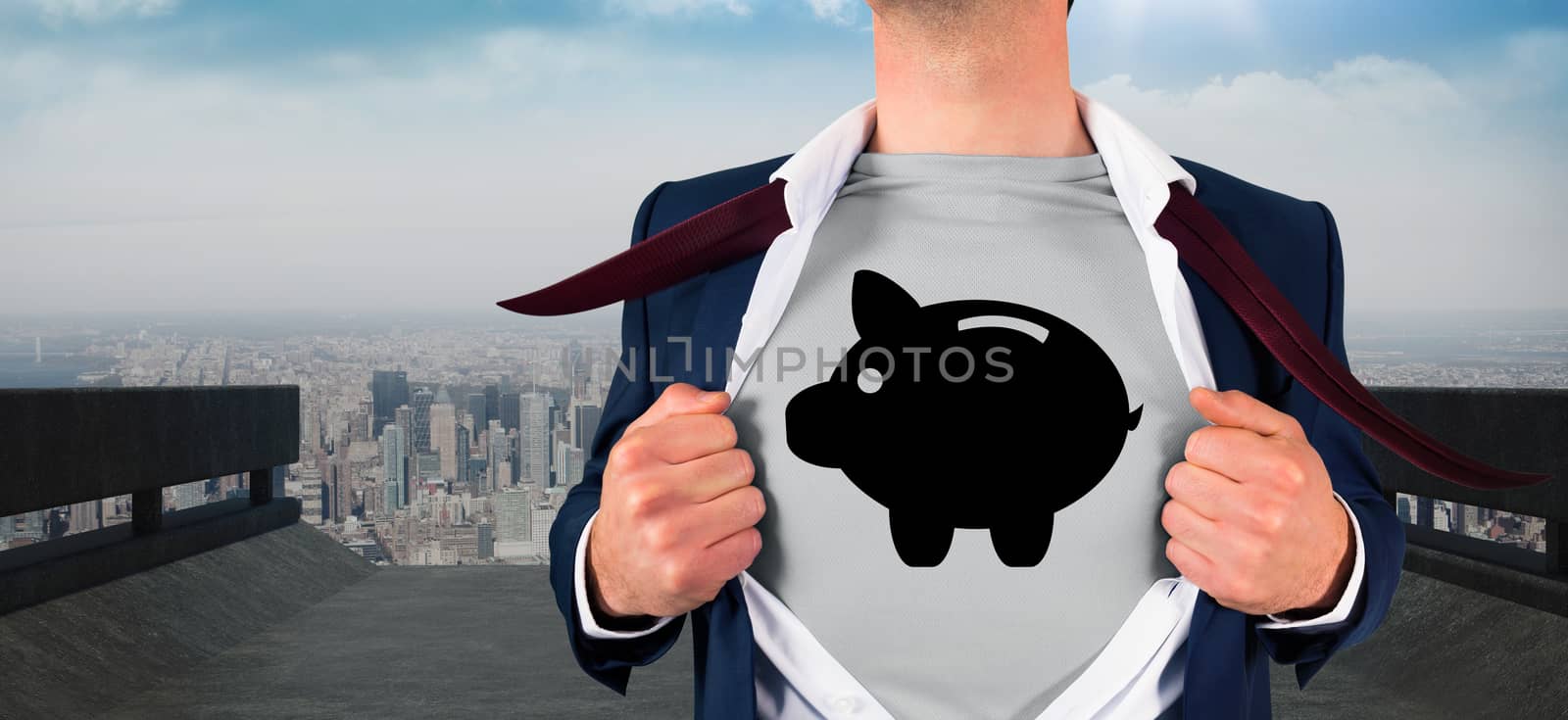 Composite image of businessman opening shirt in superhero style by Wavebreakmedia