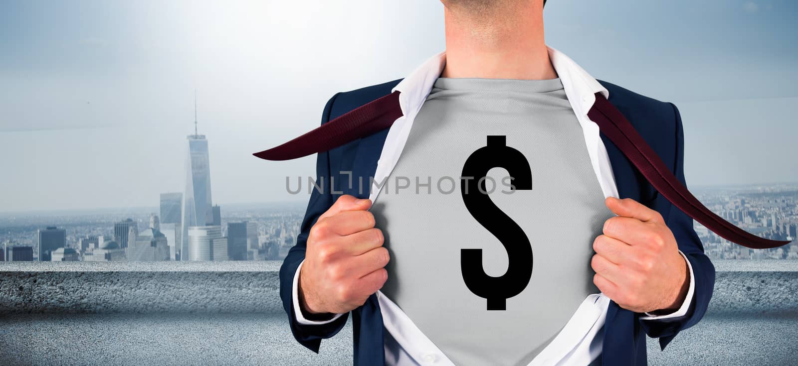 Composite image of businessman opening shirt in superhero style by Wavebreakmedia