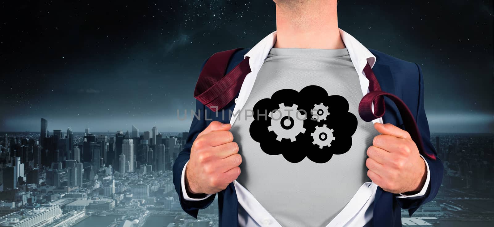 Businessman opening shirt in superhero style against balcony overlooking city