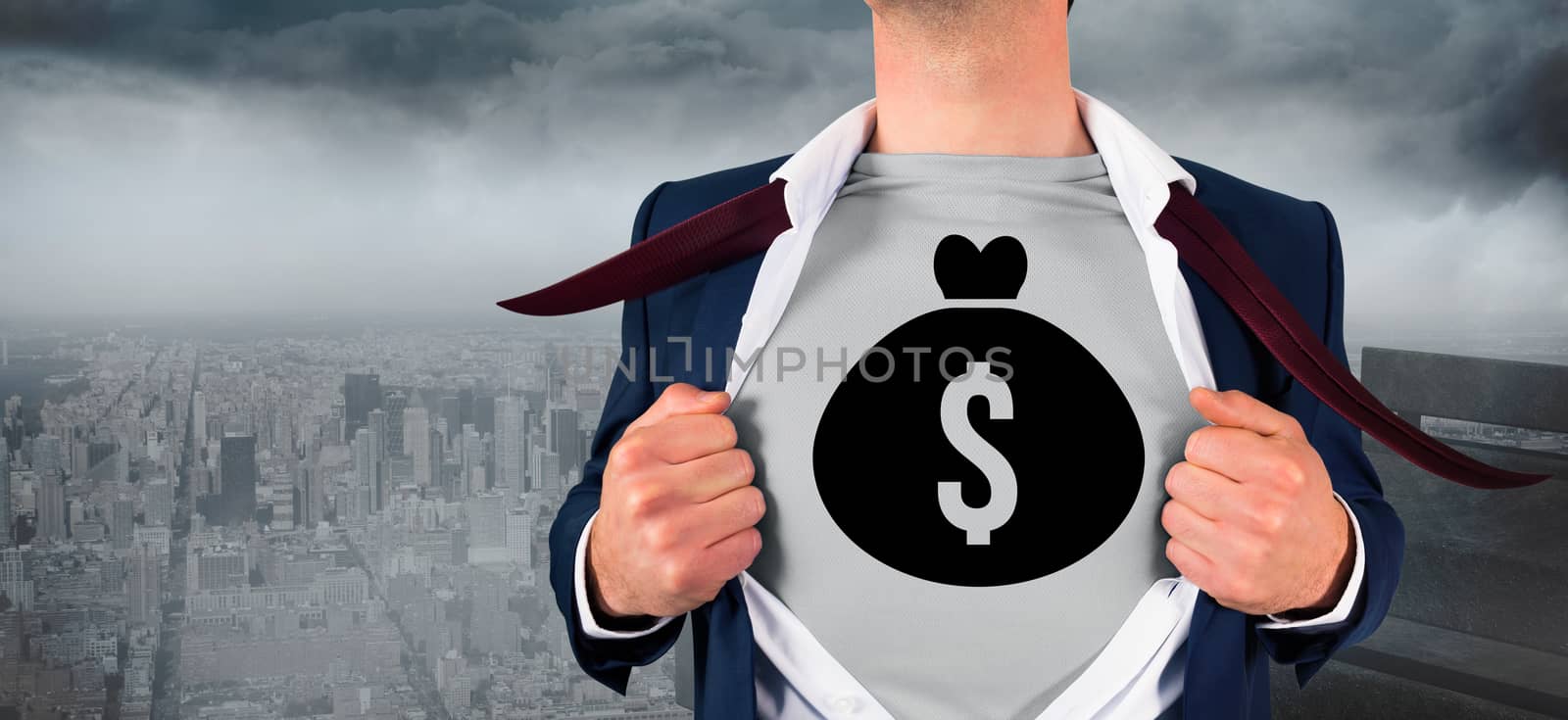 Composite image of businessman opening shirt in superhero style against gloomy city