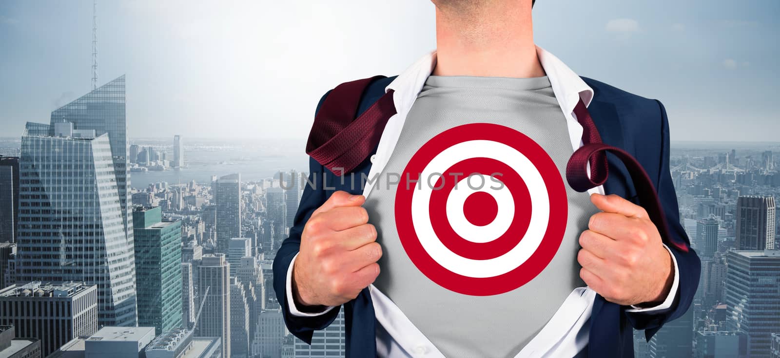 Composite image of businessman opening shirt in superhero style against cityscape