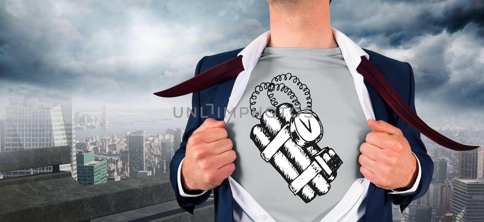 Businessman opening shirt in superhero style against balcony overlooking city