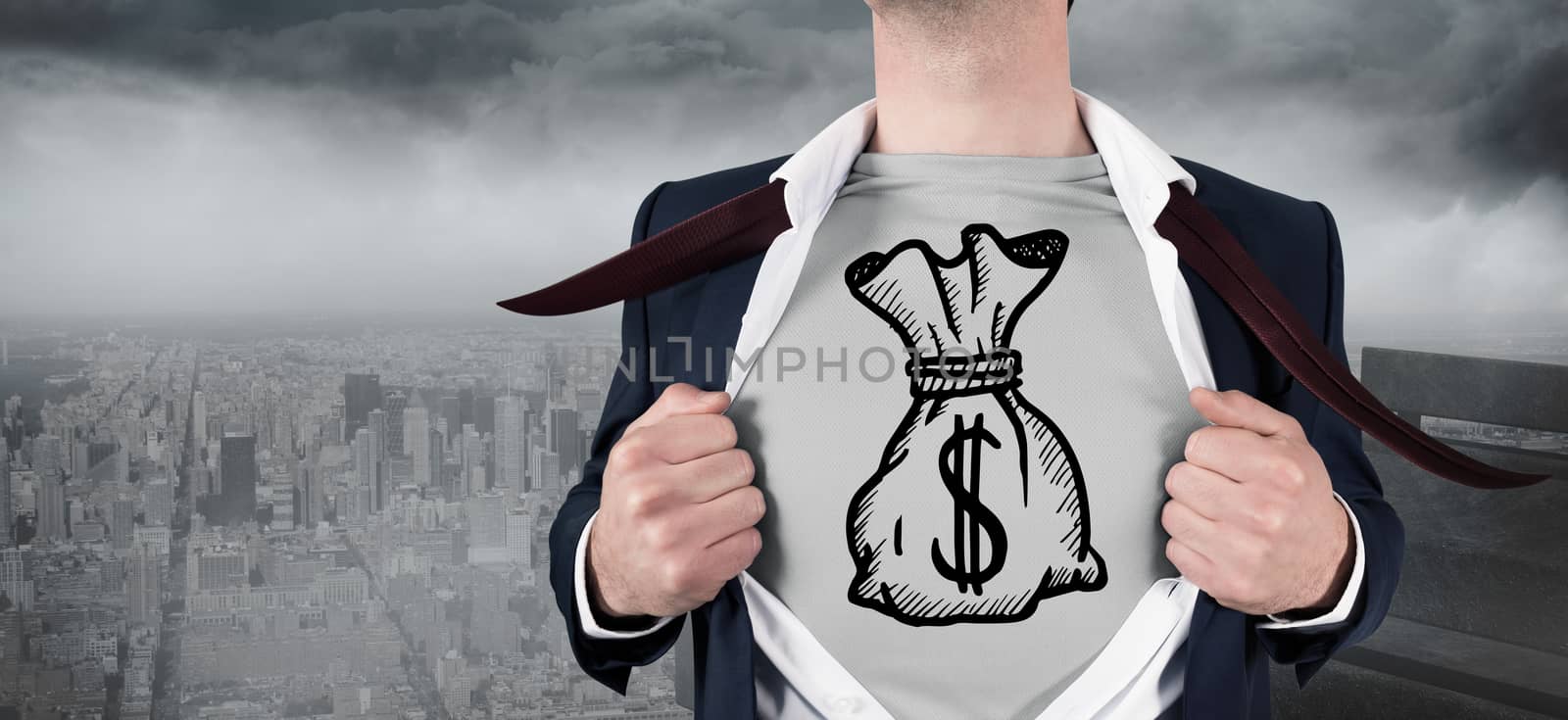 Composite image of businessman opening shirt in superhero style against gloomy city