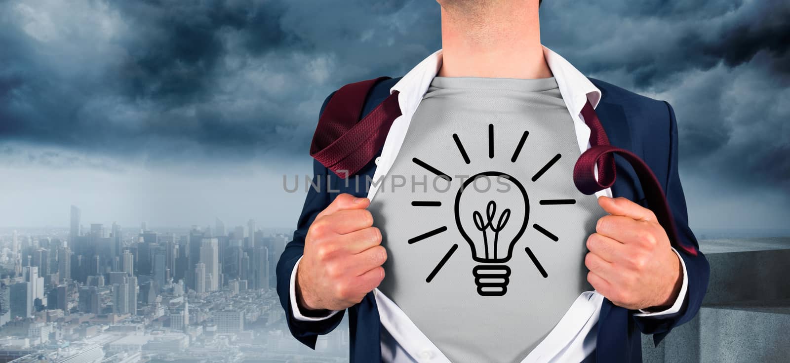 Composite image of businessman opening shirt in superhero style by Wavebreakmedia