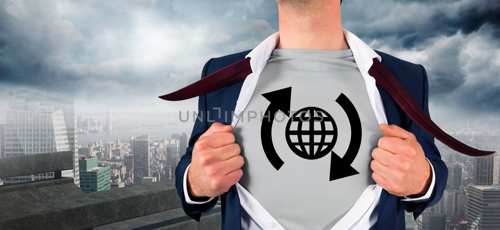 Composite image of businessman opening shirt in superhero style by Wavebreakmedia