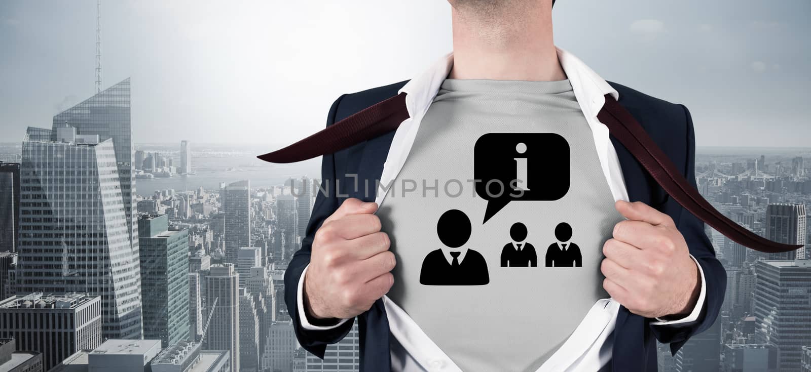 Composite image of businessman opening shirt in superhero style against cityscape