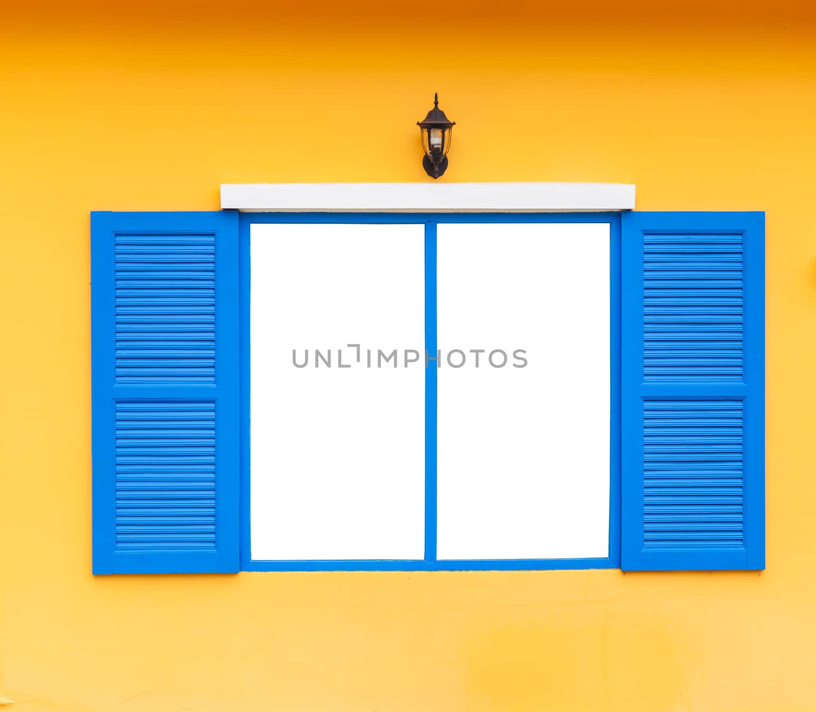 open blank window frame on wall with lamp, blue color
