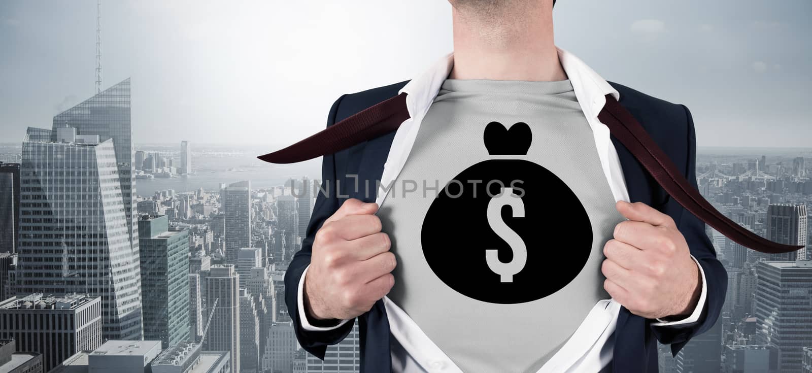 Composite image of businessman opening shirt in superhero style by Wavebreakmedia