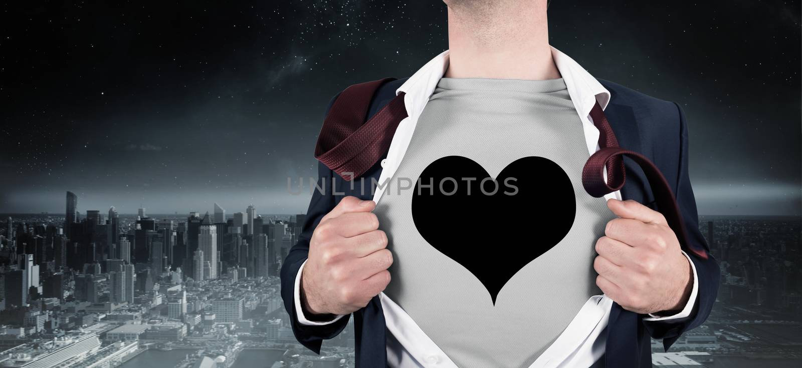 Businessman opening shirt in superhero style against balcony overlooking city