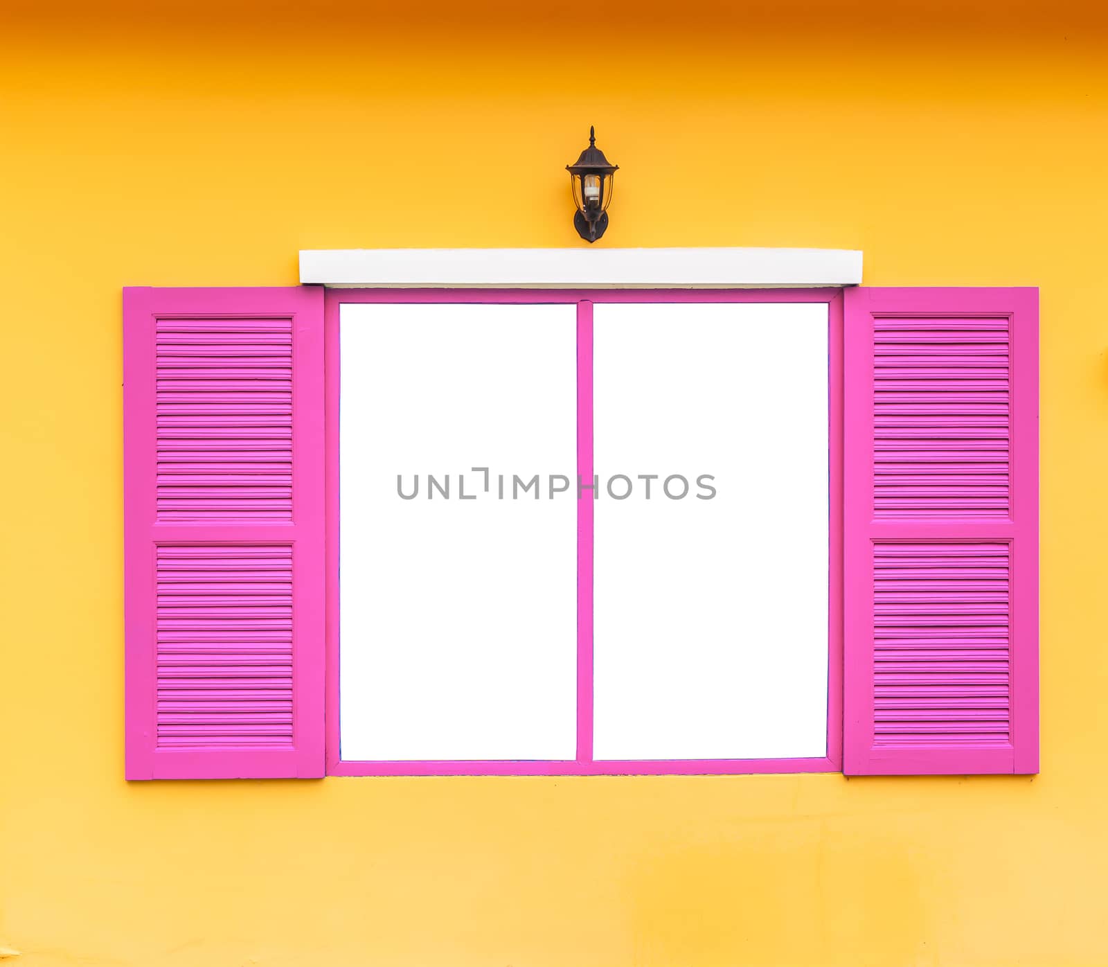 open blank window frame on wall with lamp, blue color