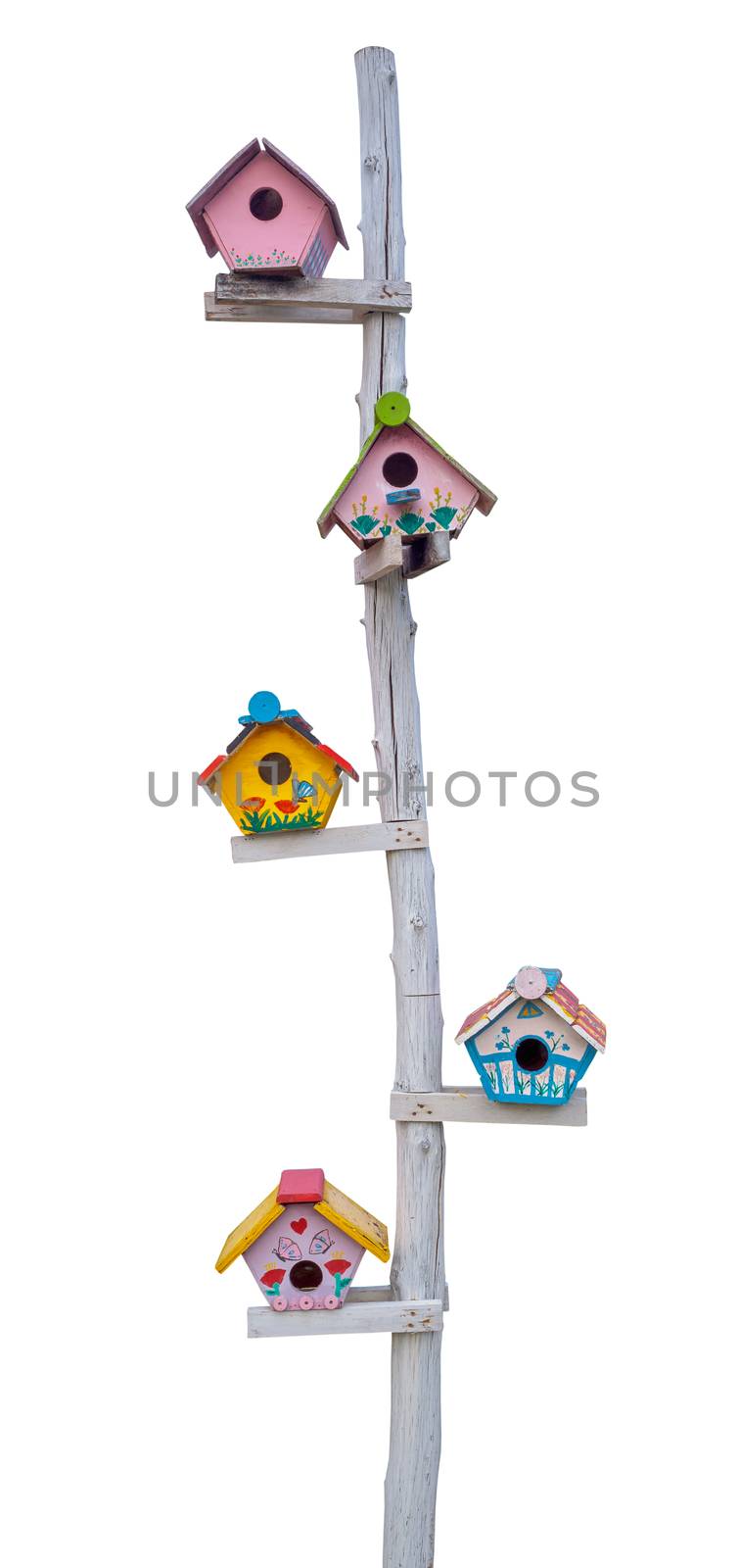 wooden bird house on white background