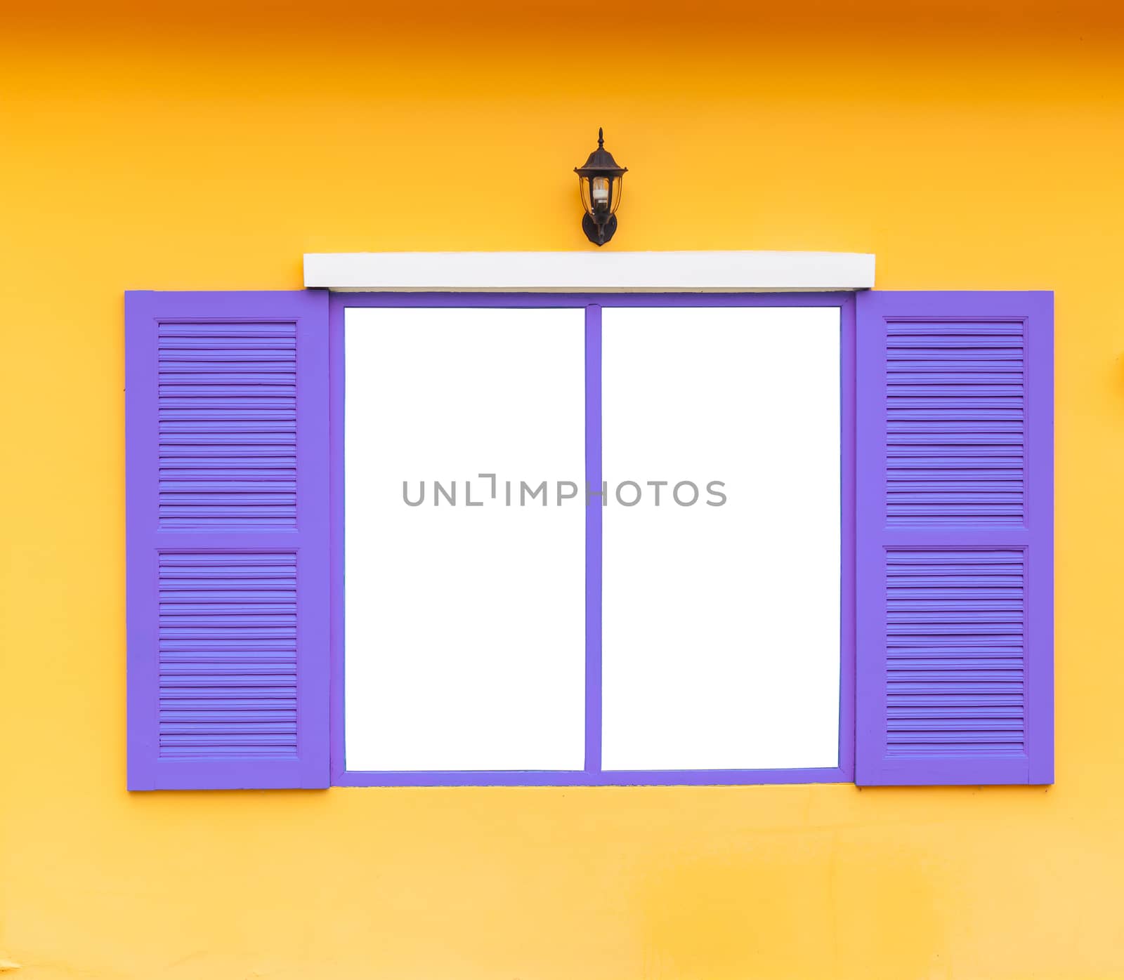 open blank window frame on wall with lamp, blue color