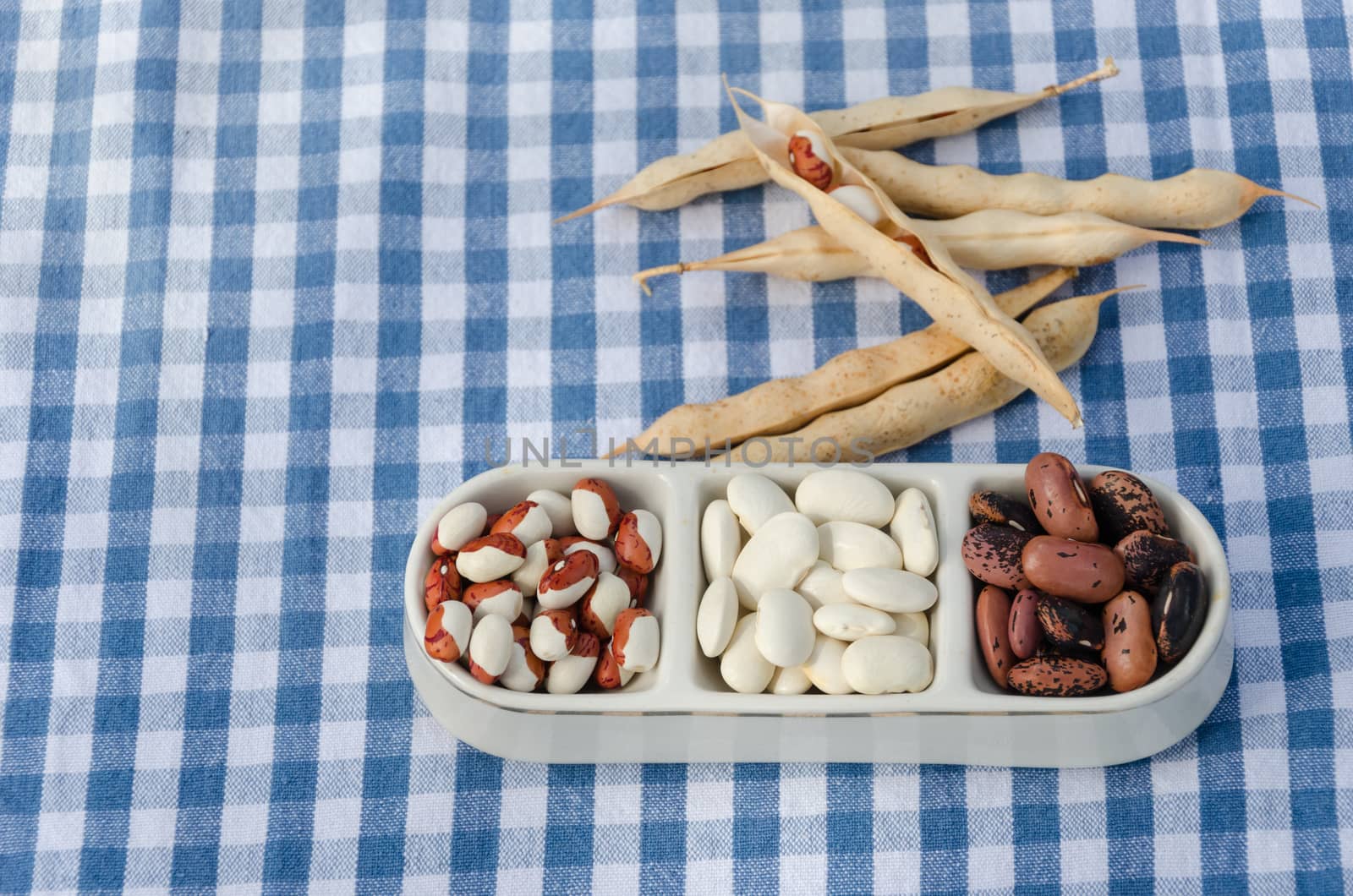 beans on three piece plate on plaid background by sauletas