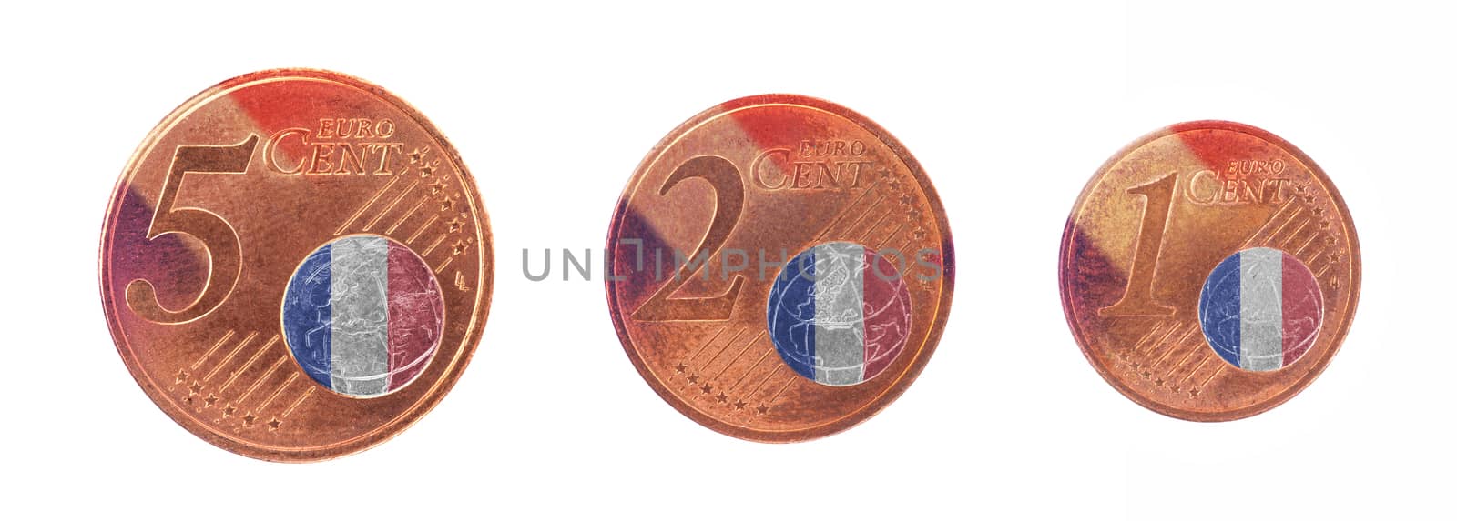 European union concept - 1, 2 and 5 eurocent, flag of France