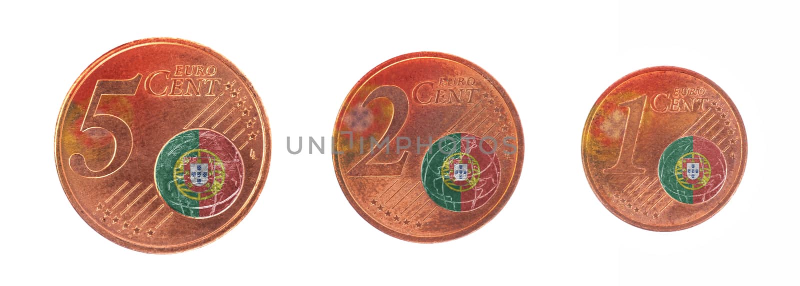 European union concept - 1, 2 and 5 eurocent, flag of Portugal