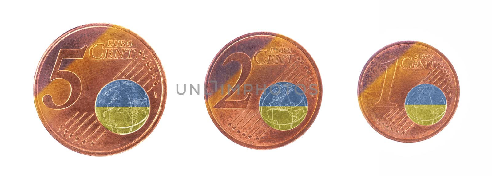 European union concept - 1, 2 and 5 eurocent, flag of Ukraine