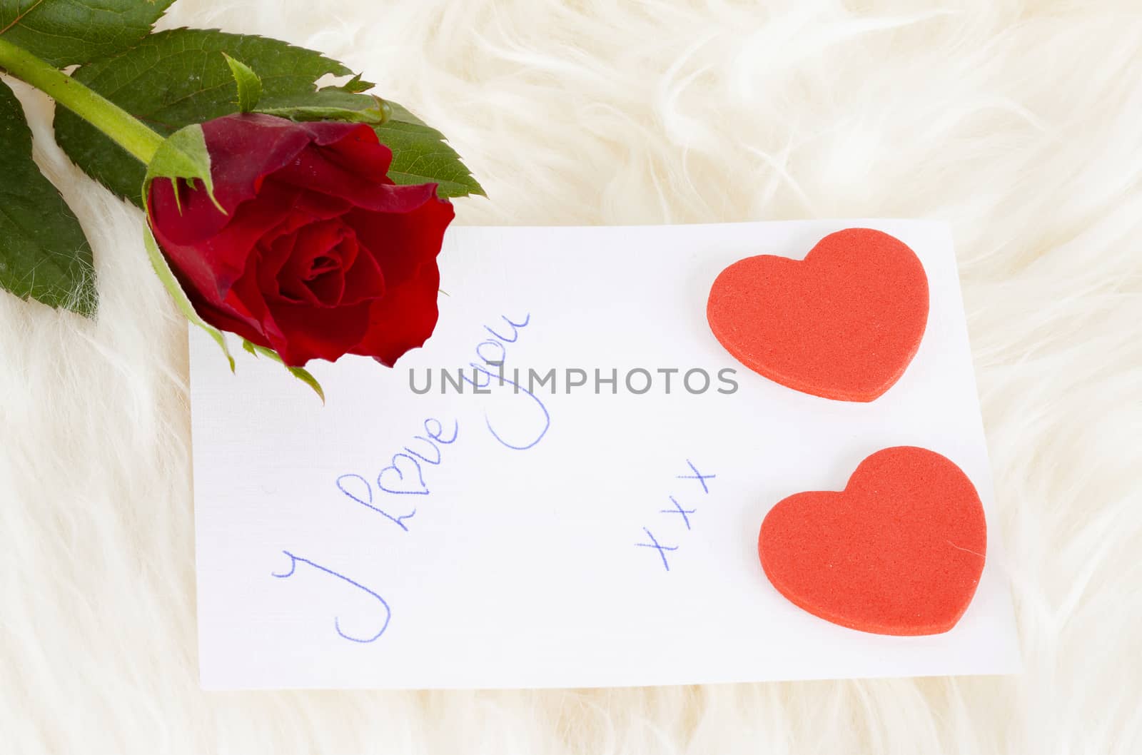 Card, red rose and hearts for Valentines