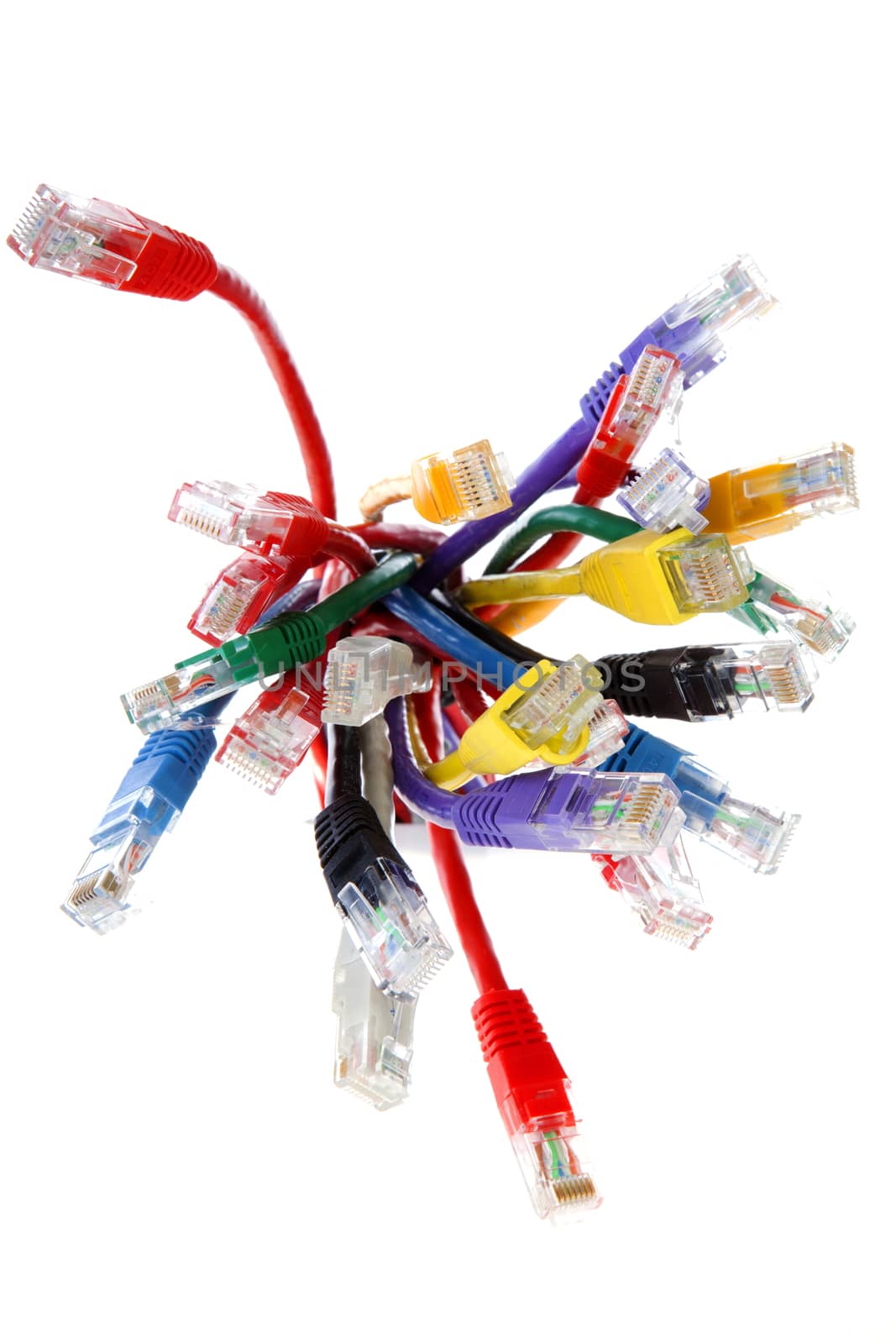 Bunch of colorful cables over white background